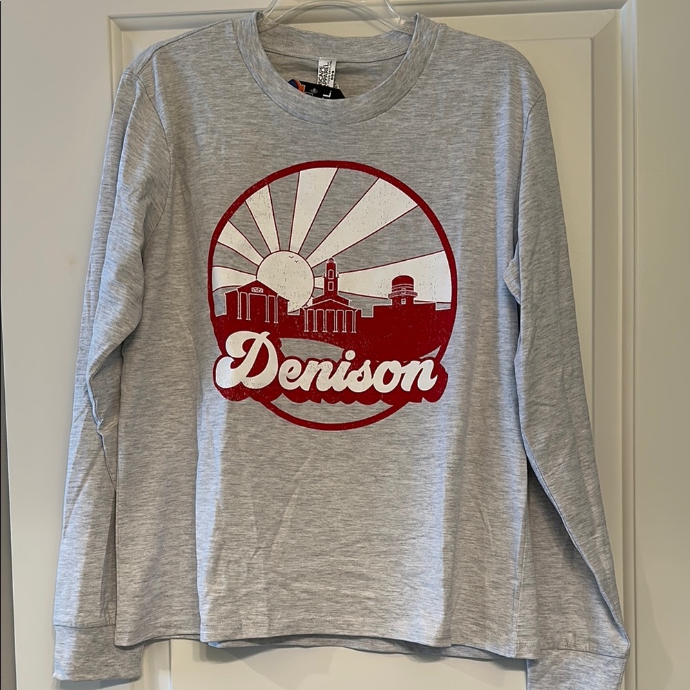 Gray Long Sleeve Tee with Red Denison Logo